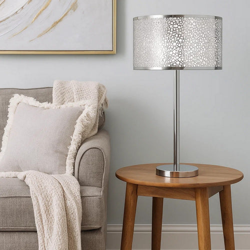 27 Inch Table Lamp with Metal and Fabric Shade, 
Sleek Chrome Finish By Casagear Home