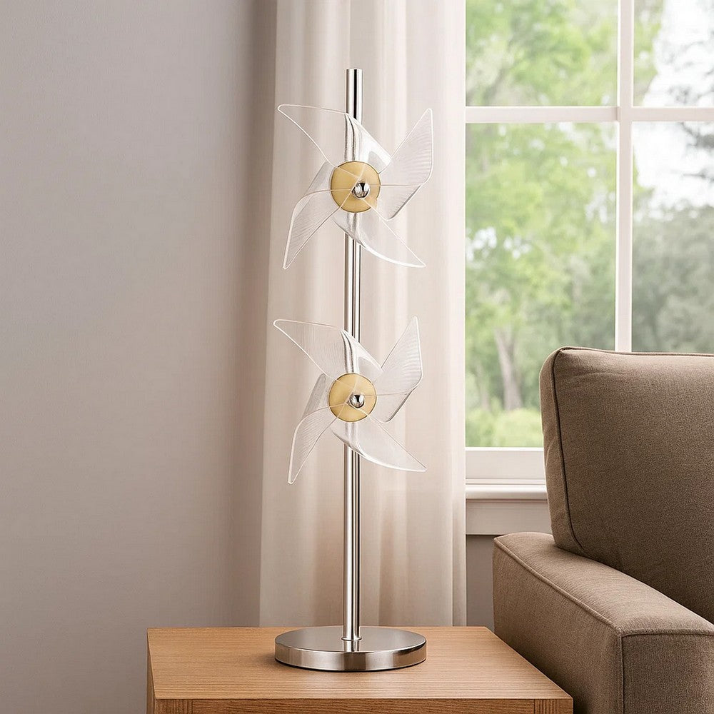 29 Inch Table Lamp, LED Pinwheel Shades, Metal, Acrylic, Sand Chrome 
 By Casagear Home