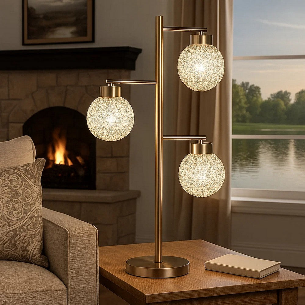 Fern 31 Inch Table Lamp with 3 Orb Shades, Metal, Sand Chrome Finish By Casagear Home