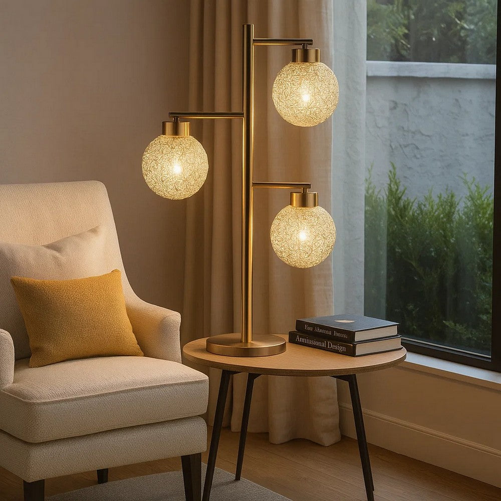 Fern 31 Inch Table Lamp with 3 Orb Shades, Metal, Sand Chrome Finish By Casagear Home