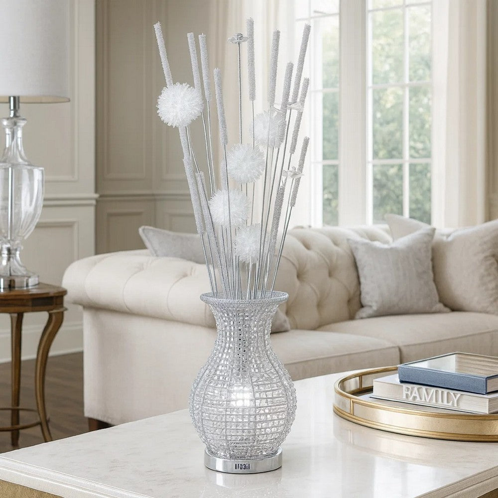 63 Inch Floor Lamp, Flower Vase Design, Wire Base, Metal, Chrome Finish By Casagear Home