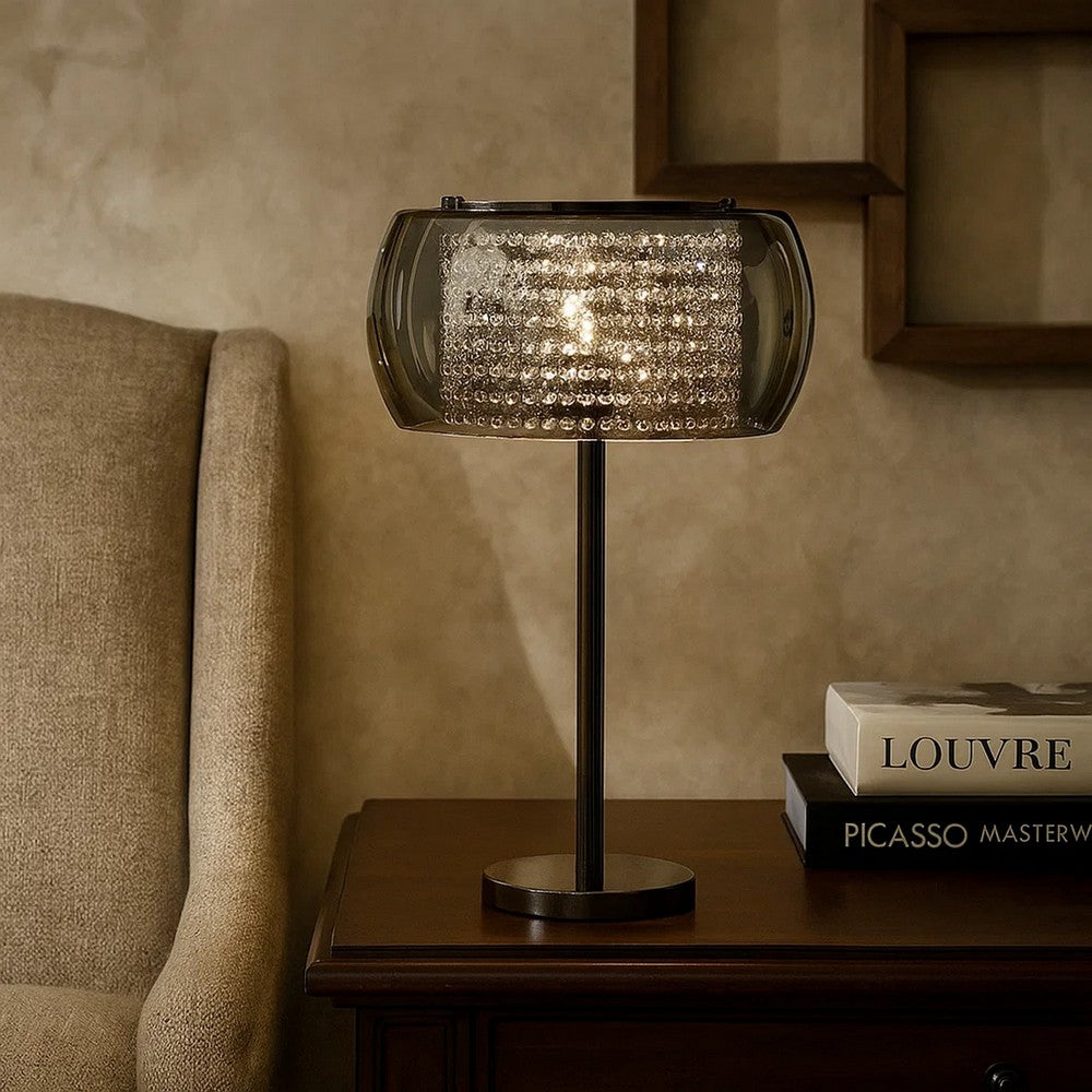 Hana 30 Inch Table Lamp, Modern Crystal Glass Shade, Metal, Black Nickel By Casagear Home