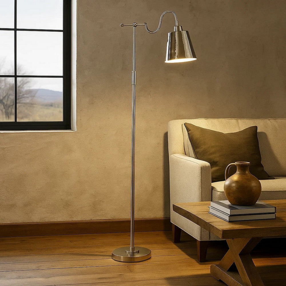 63 Inch Floor Lamp, Cone Metal Shade, Round Base, Silver Finish By Casagear Home