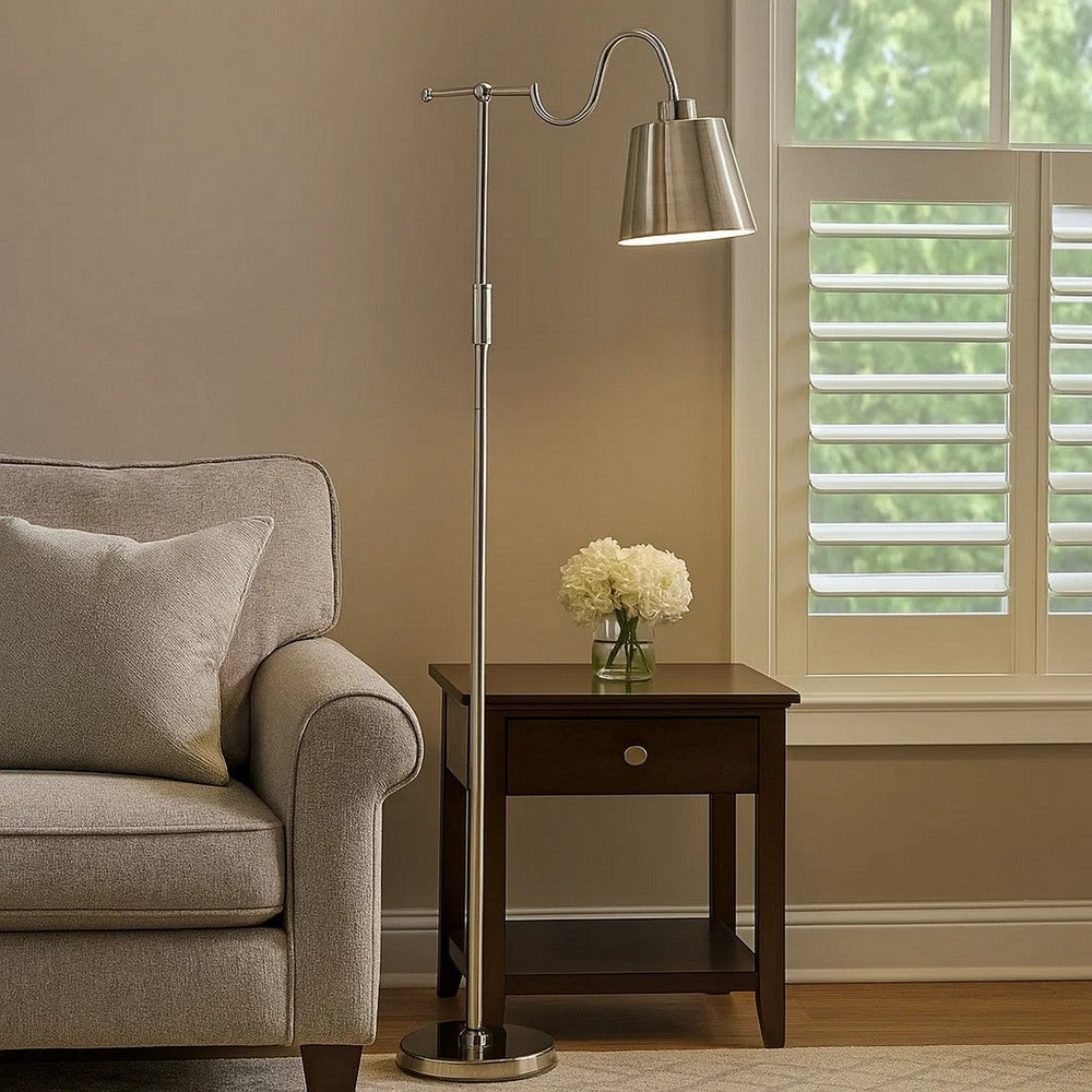 63 Inch Floor Lamp, Cone Metal Shade, Round Base, Silver Finish By Casagear Home