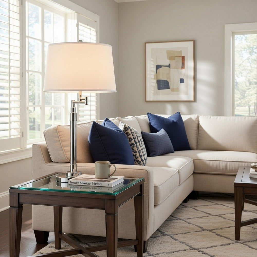31 Inch Table Lamp Set of 2, Empire Fabric Shade, Modern Nickel Base By Casagear Home