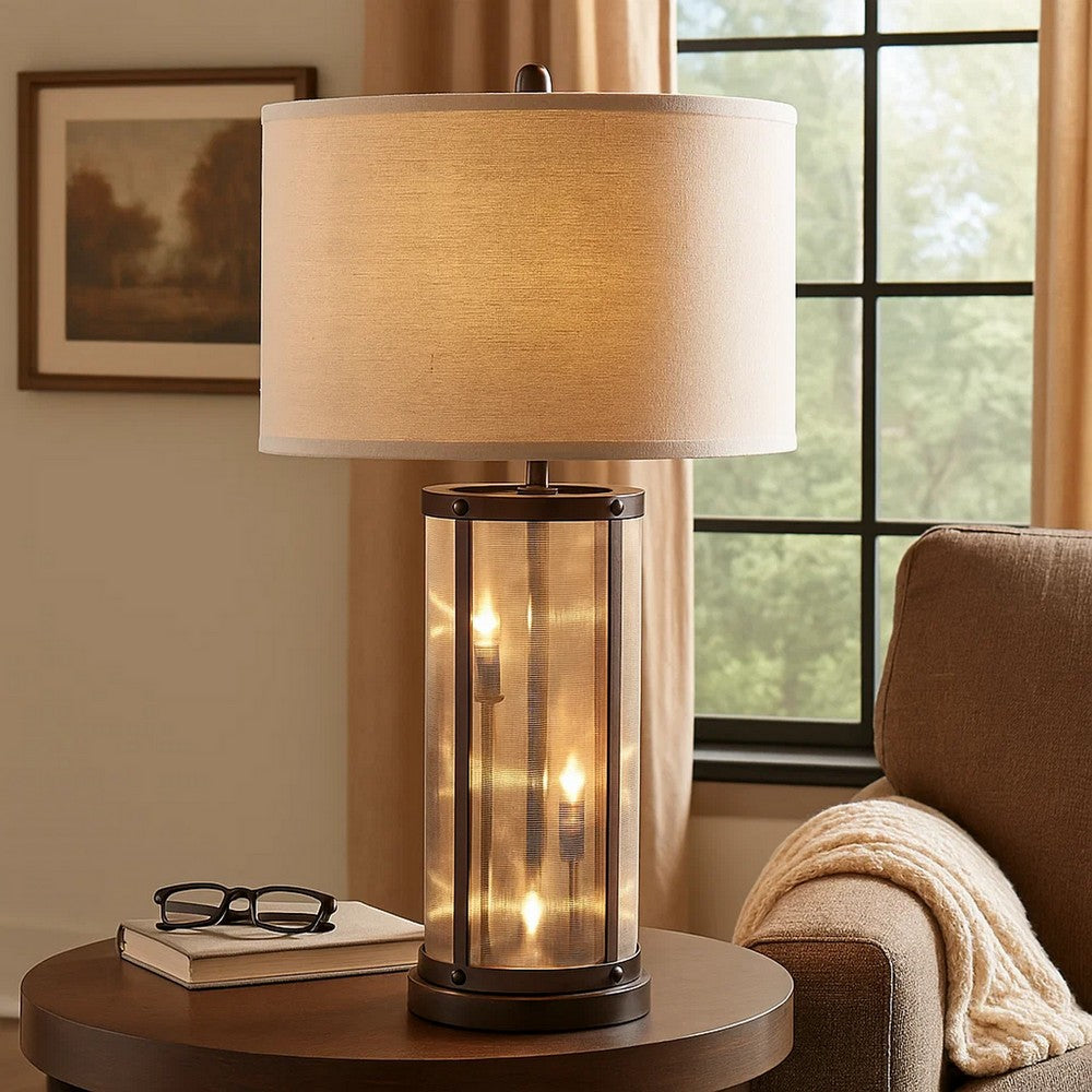31 Inch Table Lamp, Classic Drum Fabric Shade, Modern Metal Base, Bronze By Casagear Home