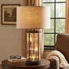 31 Inch Table Lamp, Classic Drum Fabric Shade, Modern Metal Base, Bronze By Casagear Home