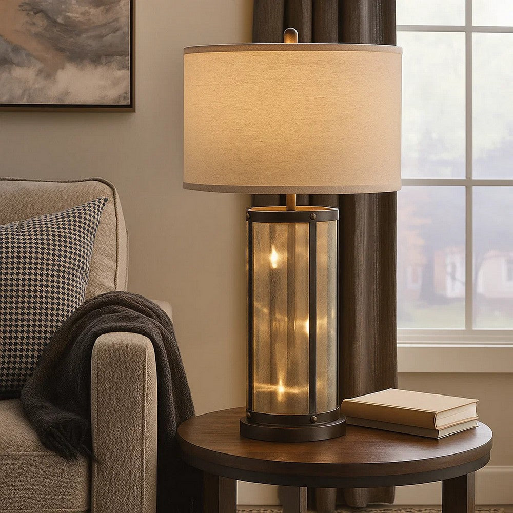 31 Inch Table Lamp, Classic Drum Fabric Shade, Modern Metal Base, Bronze By Casagear Home