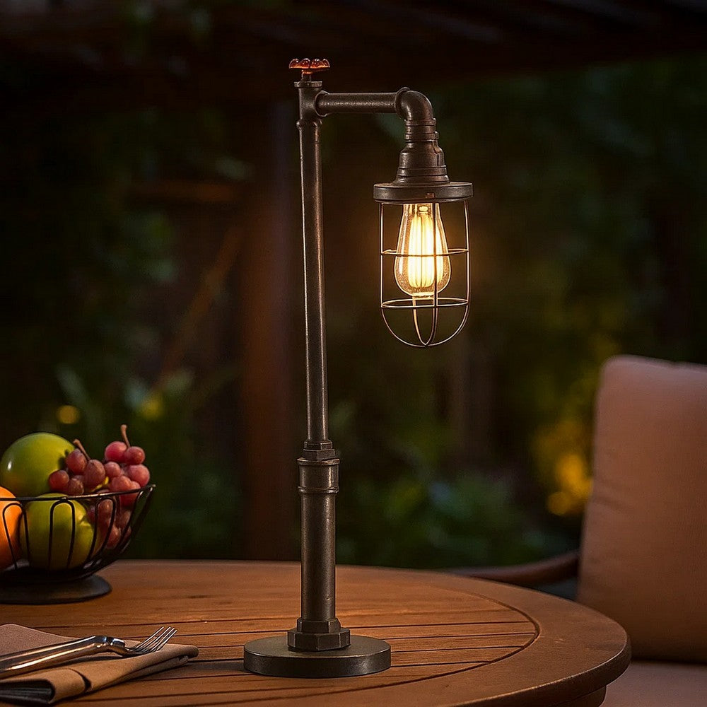 29 Inch Table Lamp, Dome Shade, Industrial Pipe Design, Rustic Bronze By Casagear Home