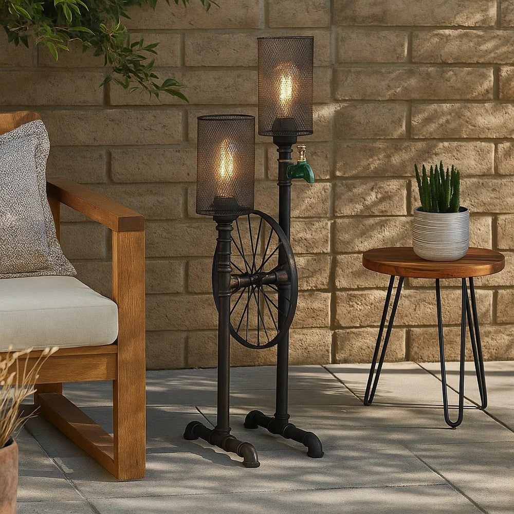 34 Inch Table Lamp, Drum Mesh Shade, Metal Base, Rustic Bronze Finish By Casagear Home