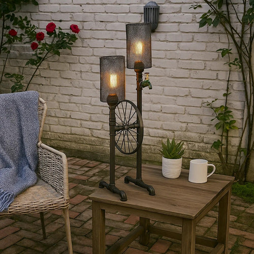 34 Inch Table Lamp, Drum Mesh Shade, Metal Base, Rustic Bronze Finish By Casagear Home