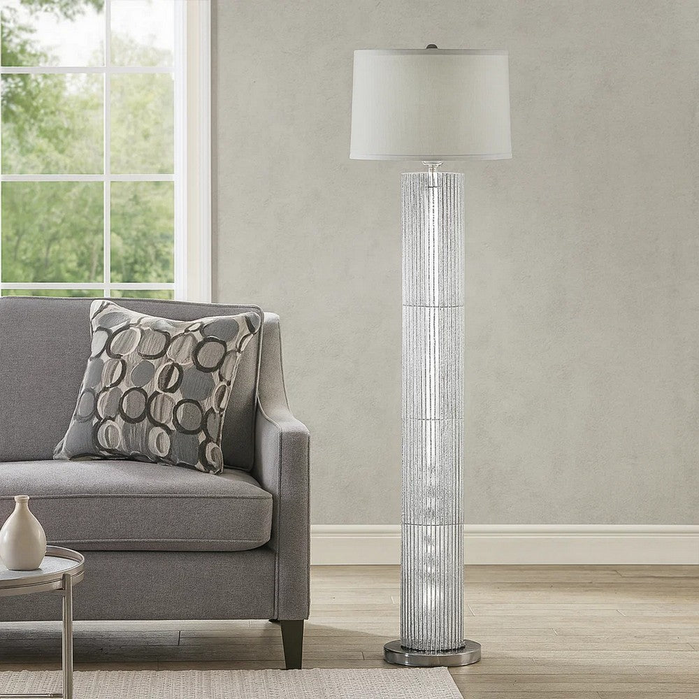 Jin 57 Inch Floor Lamp, Gray Drum Fabric Shade, Modern Round Silver Base By Casagear Home