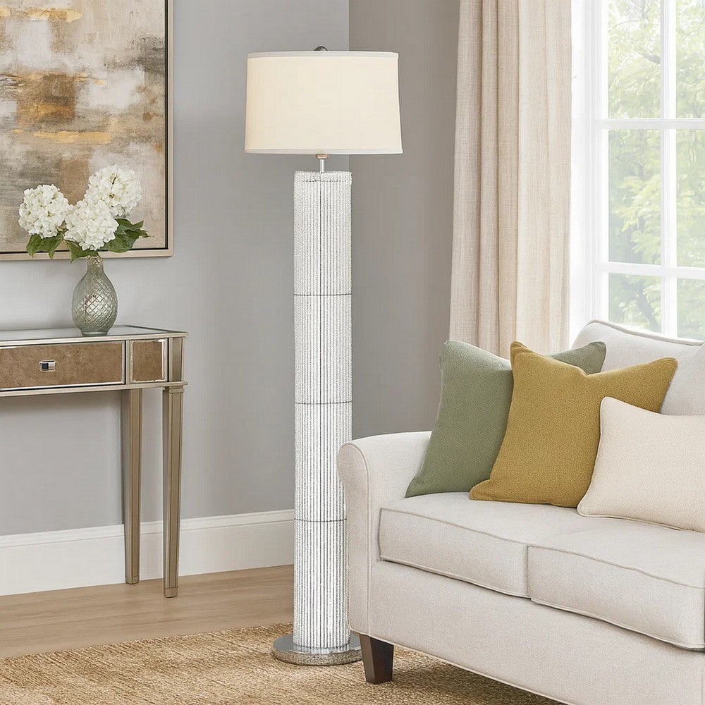 Jin 57 Inch Floor Lamp, Gray Drum Fabric Shade, Modern Round Silver Base By Casagear Home