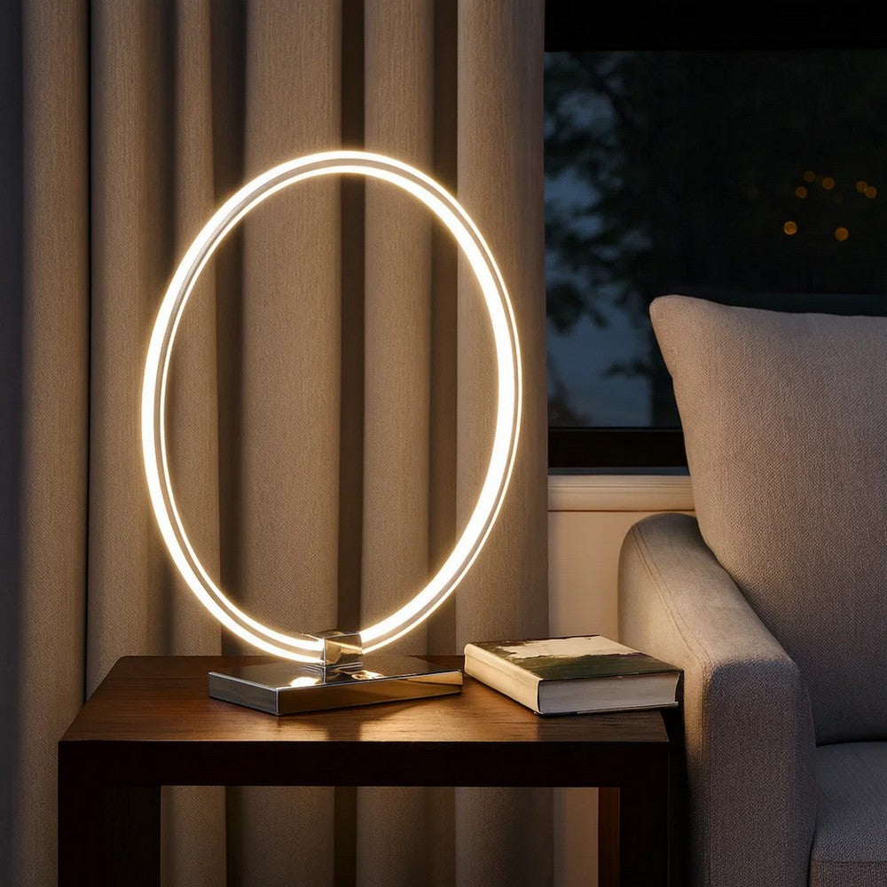 Sine 21 Inch Table Lamp, Modern Circle Ring LED, Sleek Silver Metal Base By Casagear Home
