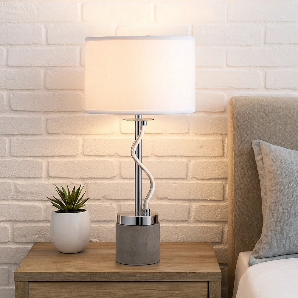 30 Inch Table Lamp, White Drum Fabric Shade, Modern Round Chrome Base By Casagear Home