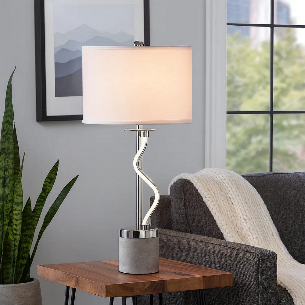 30 Inch Table Lamp, White Drum Fabric Shade, Modern Round Chrome Base By Casagear Home