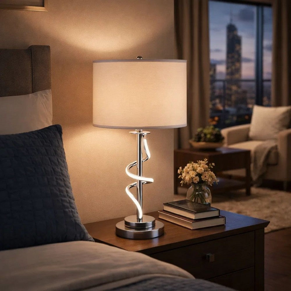 Jame 29 Inch Table Lamp, Drum Fabric Shade, Accent Round Chrome Base By Casagear Home