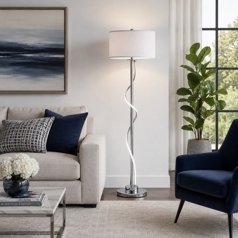 Jame 59 Inch Floor Lamp, Drum Shade, Accent Round Metal Base, Chrome By Casagear Home