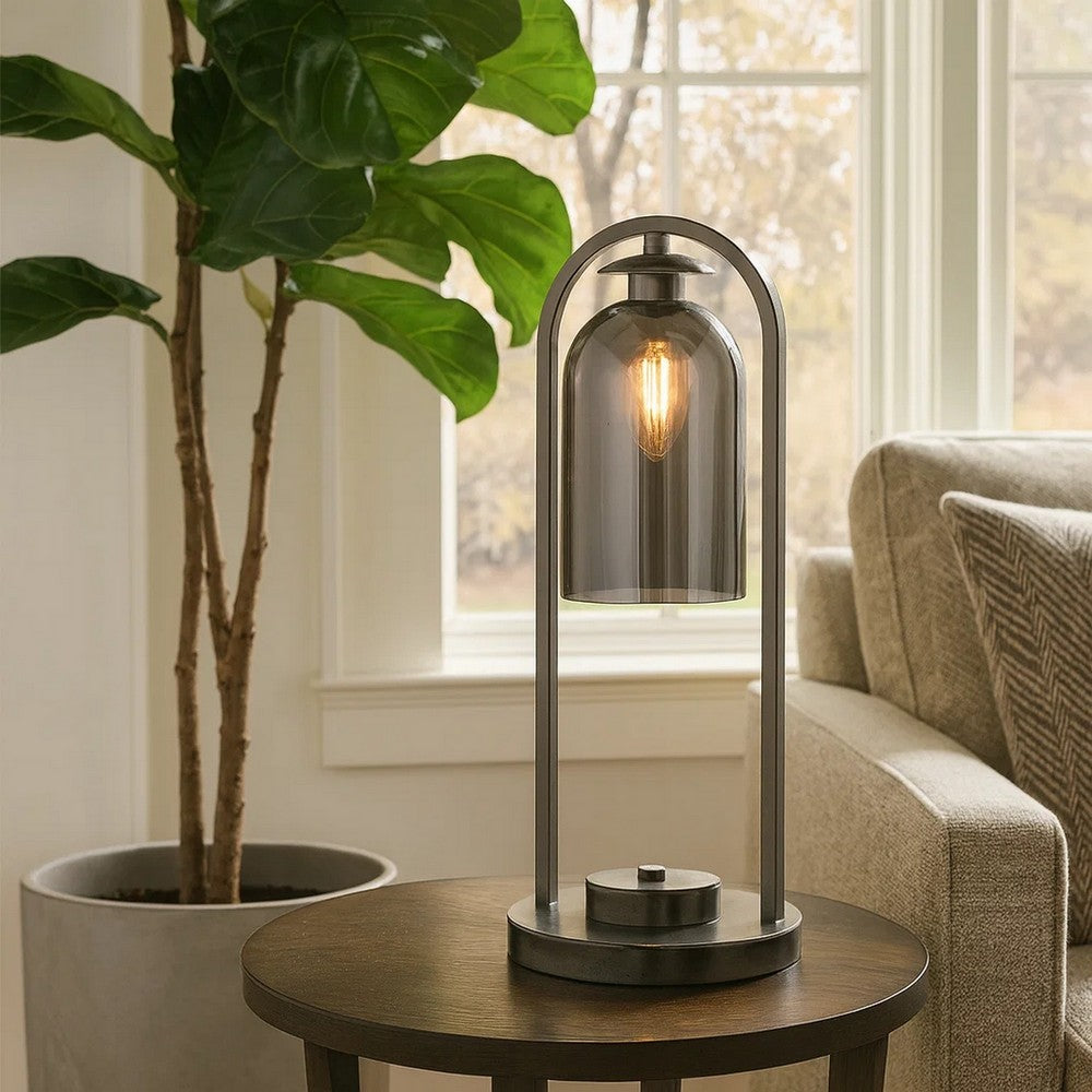 21 Inch Table Lamp, Cylinder Glass Shade, Round Base, Rustic Nickel Gray By Casagear Home