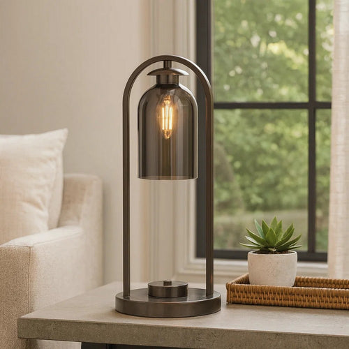 21 Inch Table Lamp, Cylinder Glass Shade, Round Base, Rustic Nickel Gray By Casagear Home