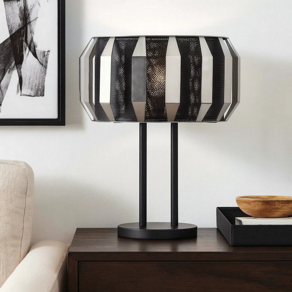 Pin 21 Inch Table Lamp, Wide Drum Metal Shade, Accent Round Base, Black By Casagear Home