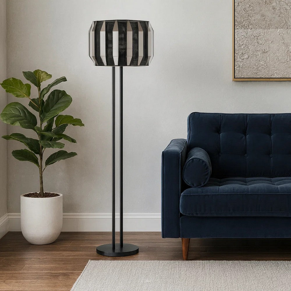 Pin 59 Inch Floor Lamp, Drum Shade, Metal Base, Accent Round Base, Black By Casagear Home