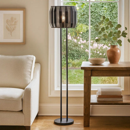 Pin 59 Inch Floor Lamp, Drum Shade, Metal Base, Accent Round Base, Black By Casagear Home