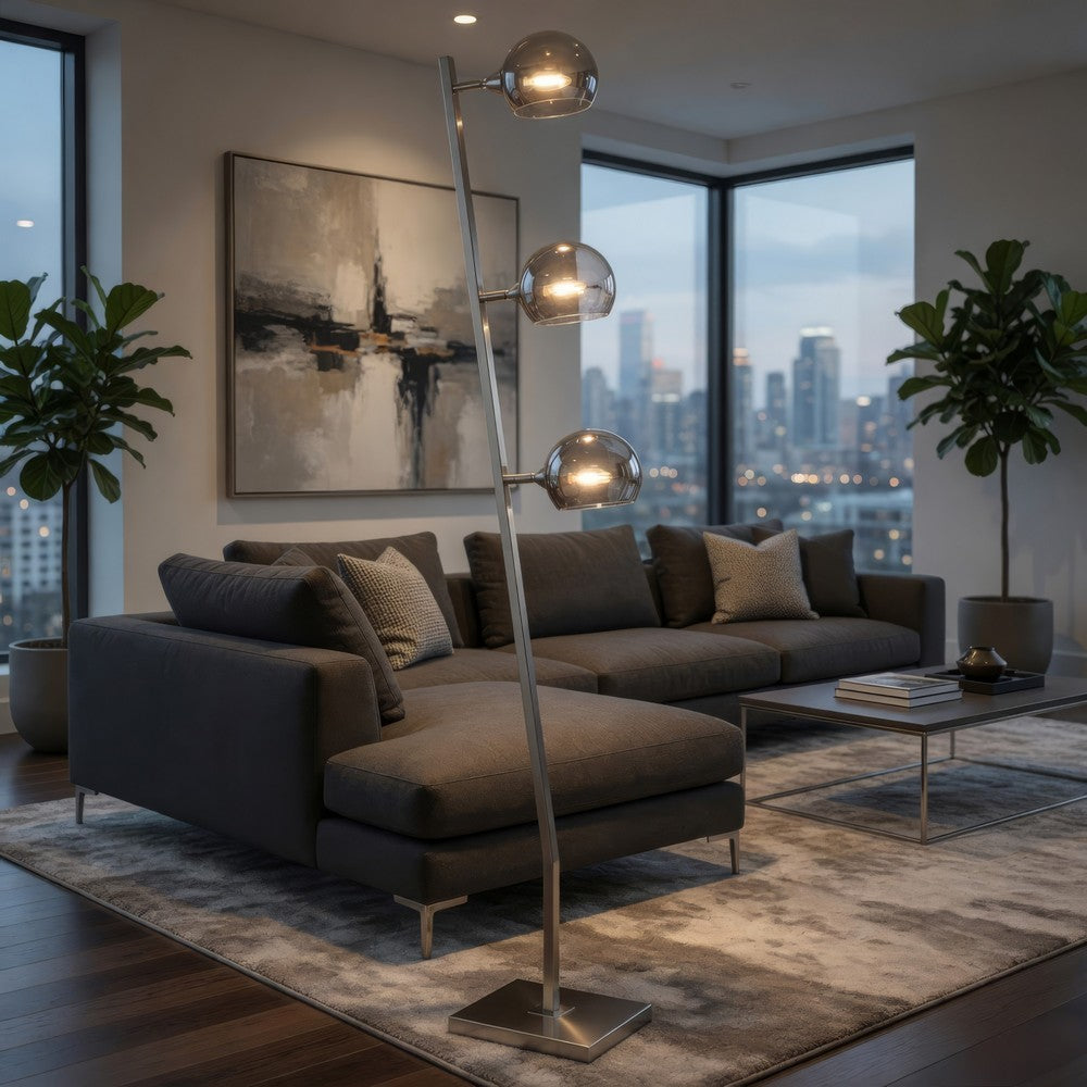 60 Inch Floor Lamp, 3 Dome Glass Shades, Accent Square Metal Base, Nickel By Casagear Home