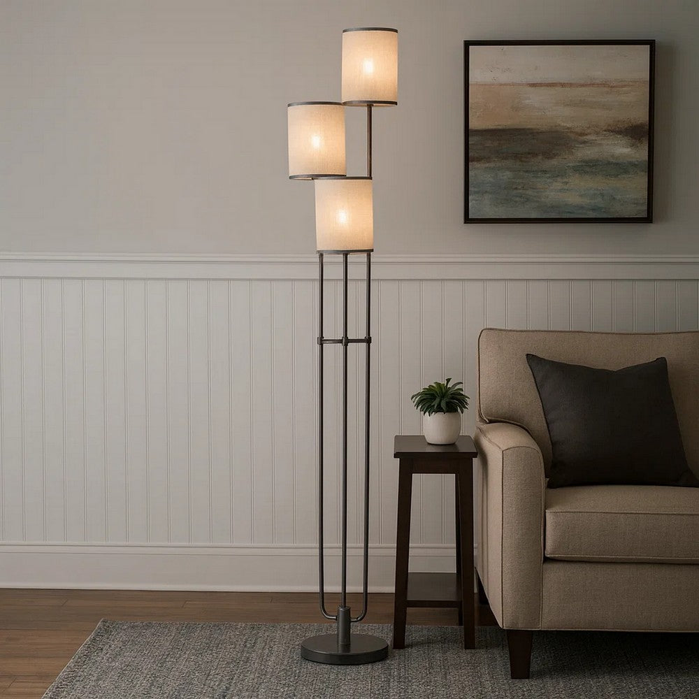 Zen 67 Inch Floor Lamp, 3 Drum Fabric Shades, Round Metal Base, Gray By Casagear Home