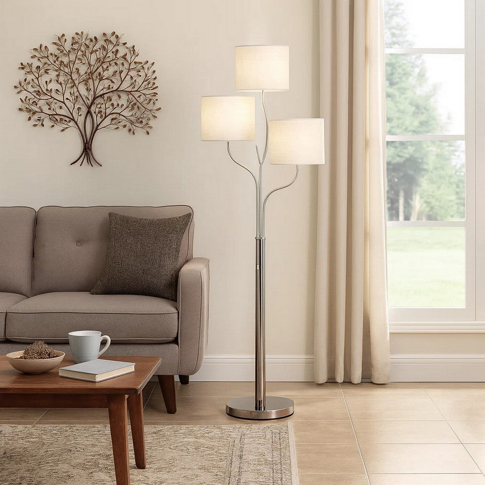 Indi 60 Inch Floor Lamp, 3 Drum Fabric Shade, Round Metal Base, Silver By Casagear Home