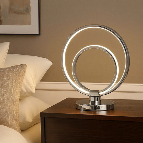 14 Inch Table Lamp, Modern Ring LED Light, Round Metal Base, Silver By Casagear Home
