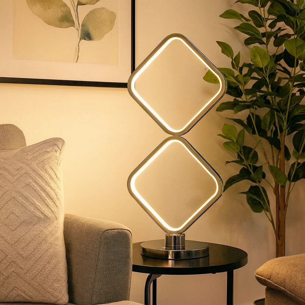22 Inch Table Lamp, Square LED Light, Modern Accent Metal Base, Chrome By Casagear Home