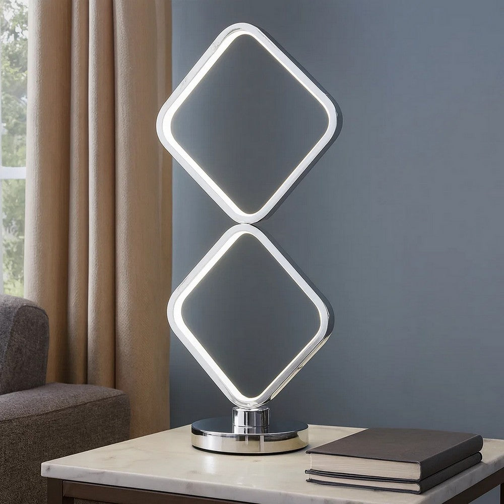 22 Inch Table Lamp, Square LED Light, Modern Accent Metal Base, Chrome By Casagear Home