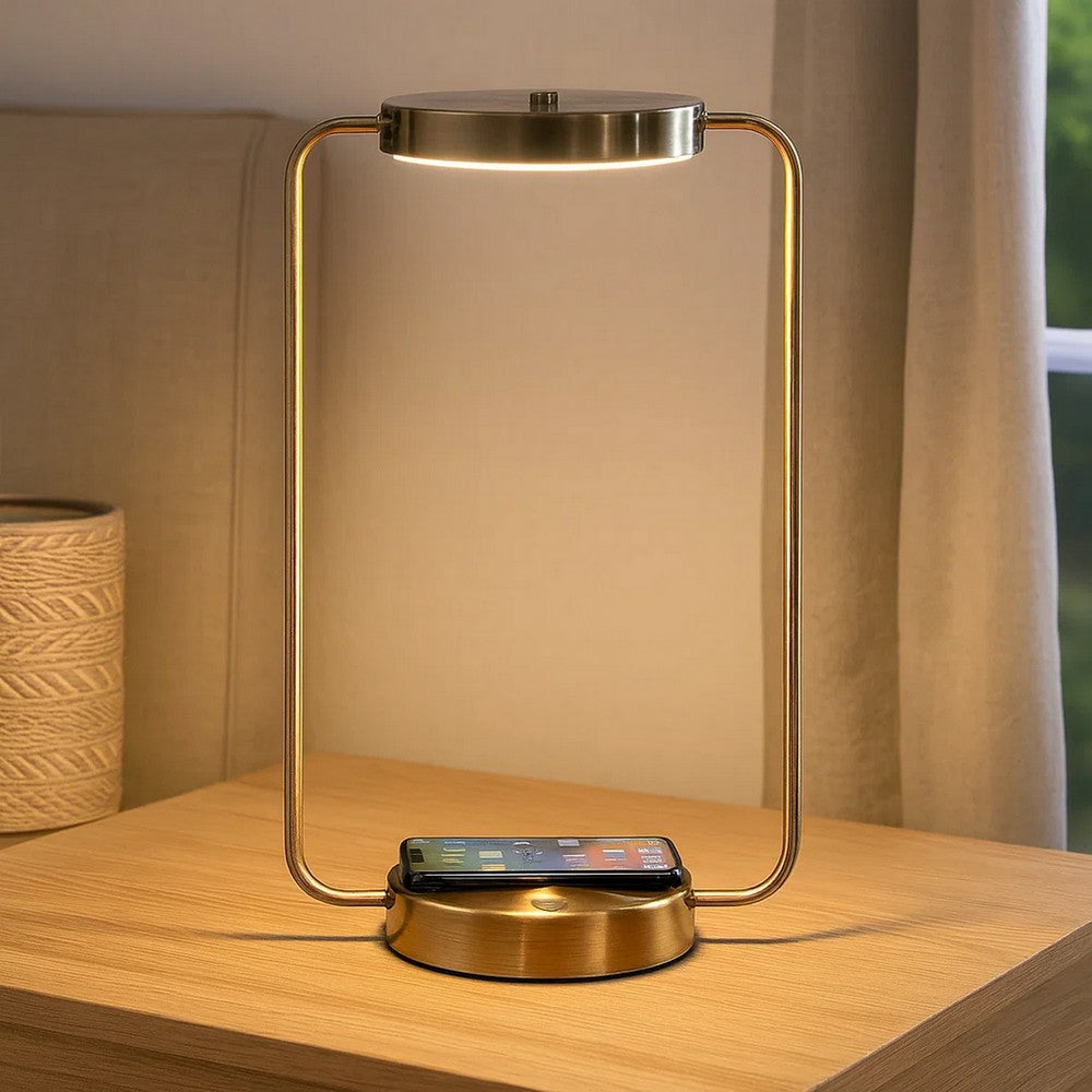 Gizo 21 Inch Table Lamp, LED Light, Wireless Charging, Metal Base, Brass By Casagear Home