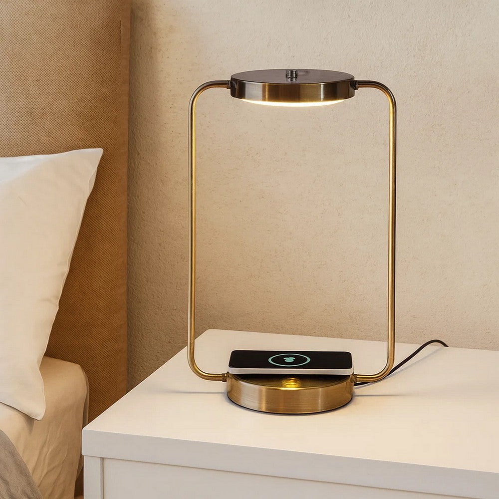 Gizo 21 Inch Table Lamp, LED Light, Wireless Charging, Metal Base, Brass By Casagear Home