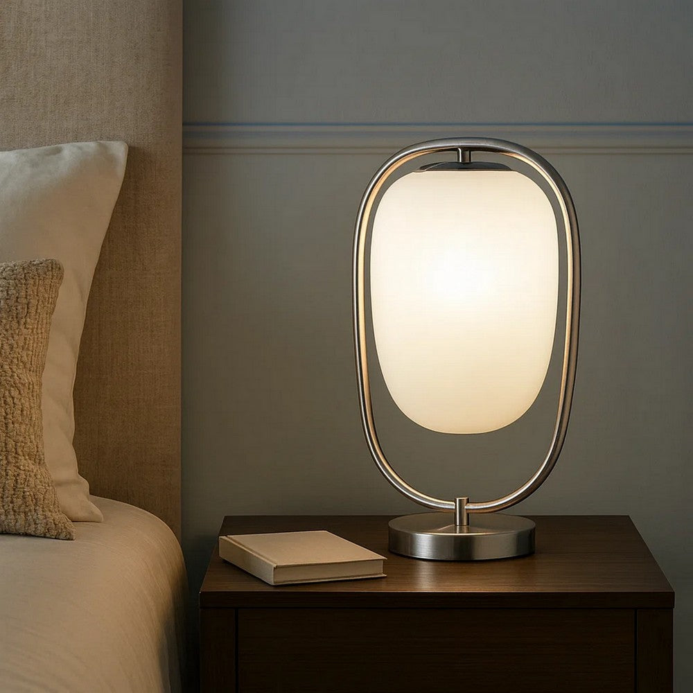 Raze 17 Inch Table Lamp, LED Light, Modern Globe Shade, Metal Body, Silver By Casagear Home