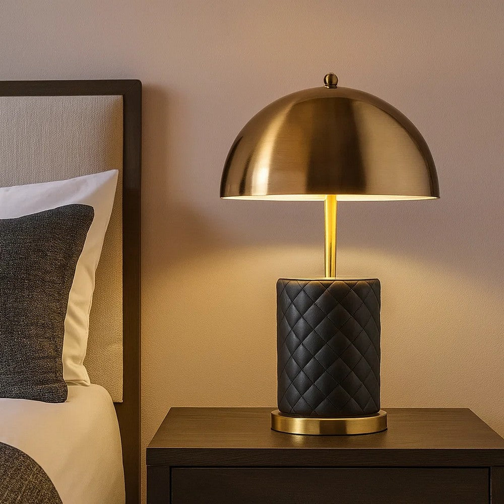 Aria 21 Inch Table Lamp, Dome Shade, Round Base, Black Faux Leather, Brass By Casagear Home
