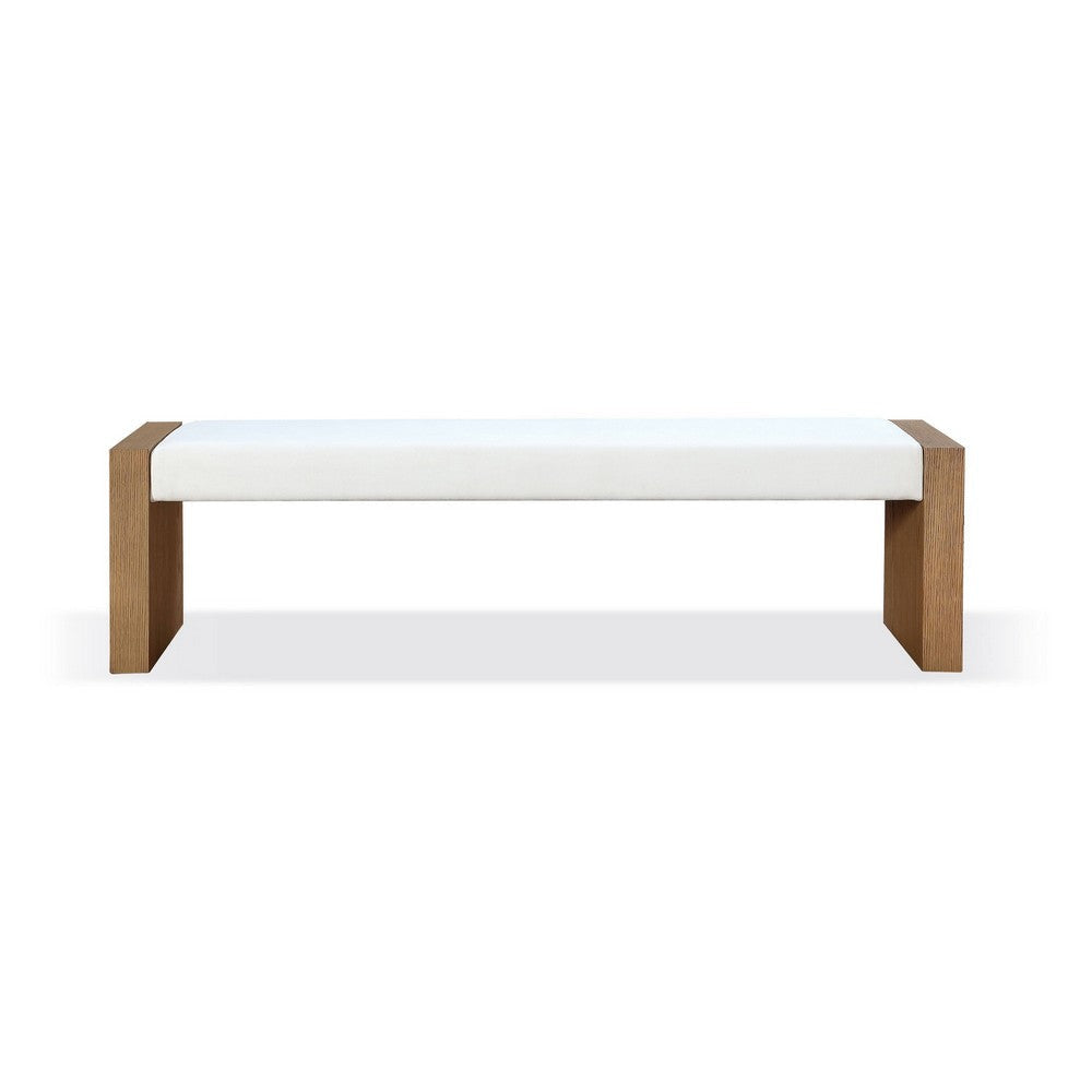 Rux 68 Inch Dining Bench White Upholstery Grain Details Brown Wood BM309071