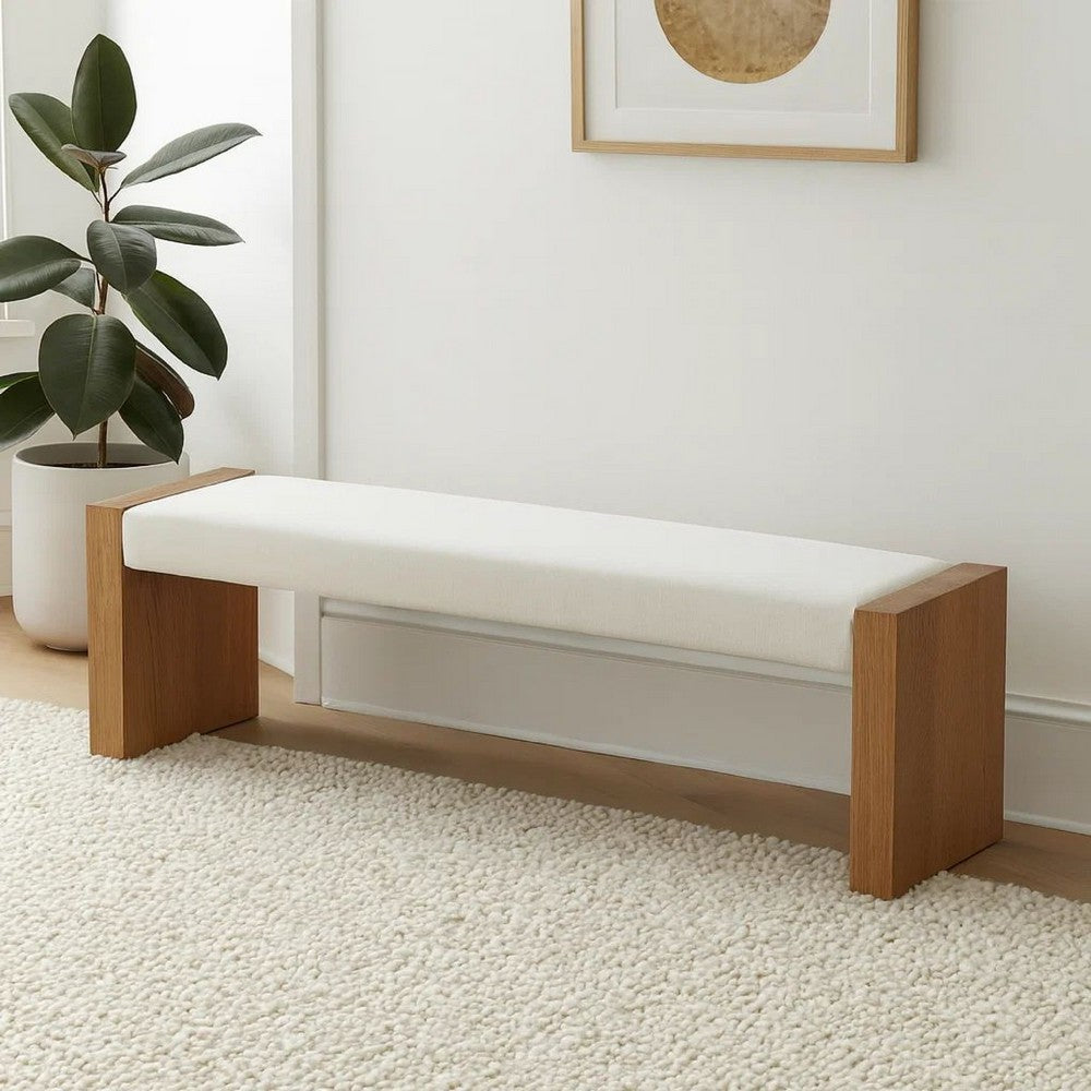 Rux 68 Inch Dining Bench, White Upholstery, Grain Details, Brown Wood