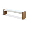 Rux 68 Inch Dining Bench, White Upholstery, Grain Details, Brown Wood
