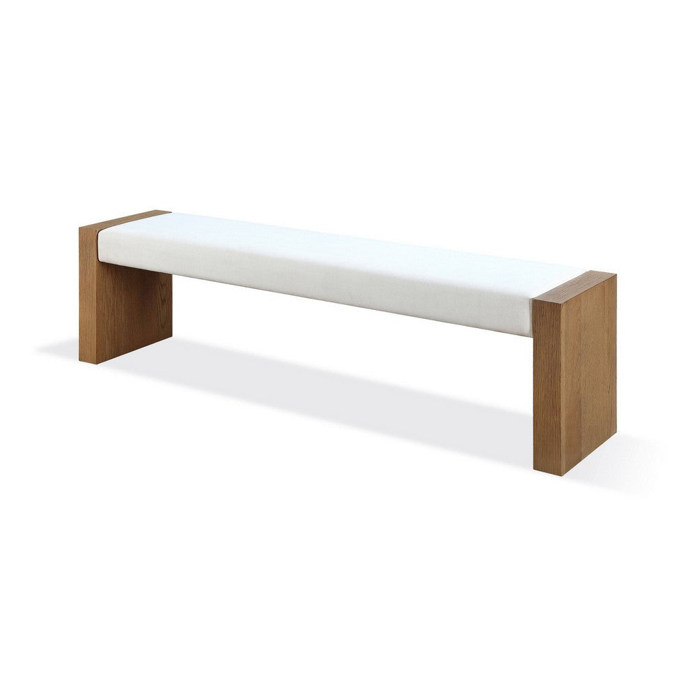 Rux 68 Inch Dining Bench, White Upholstery, Grain Details, Brown Wood