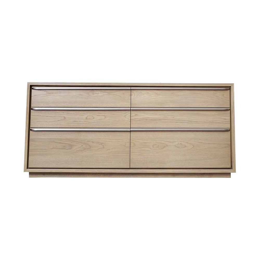 Rux 72 Inch Dresser 6 Drawers Metal Bar Handles Light Brown Wood BM309075