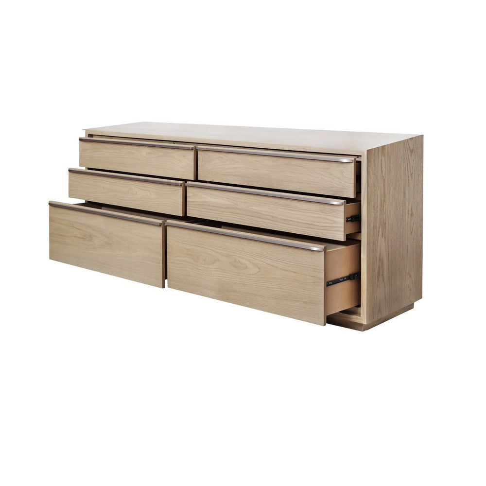 Rux 72 Inch Dresser 6 Drawers Metal Bar Handles Light Brown Wood BM309075