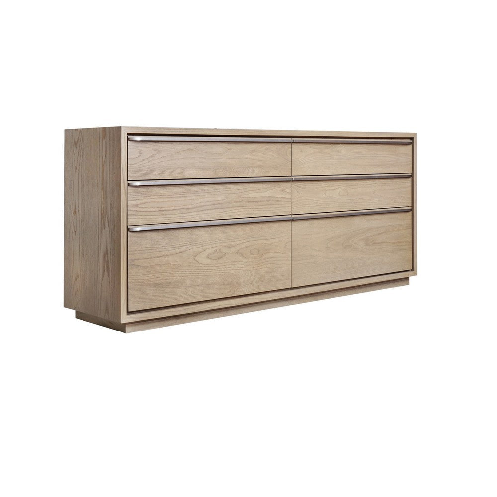 Rux 72 Inch Dresser, 6 Drawers, Metal Bar Handles, Light Brown Wood