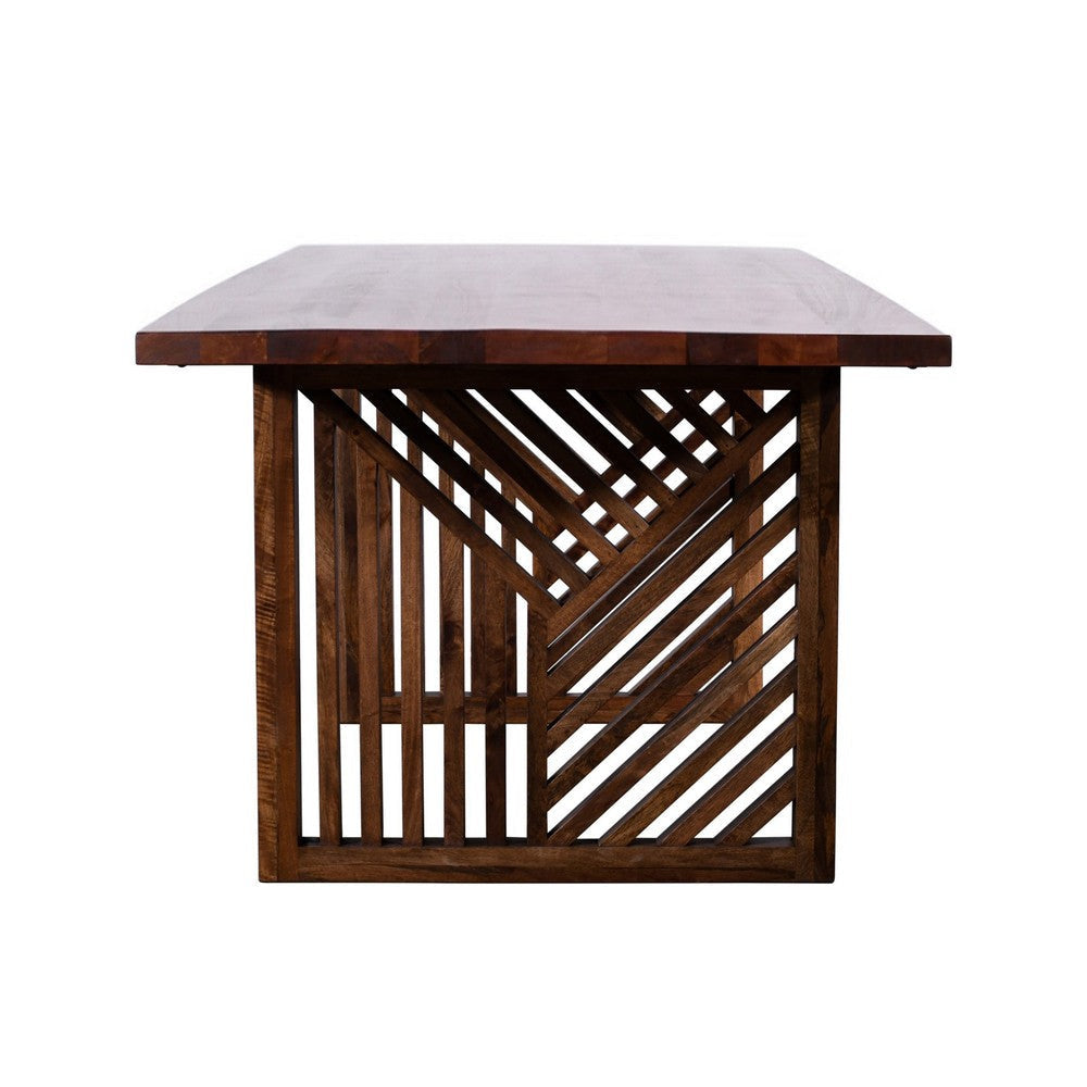 Rise 76 Inch Dining Table Rectangular Top Patterned Base Brown Wood BM309076