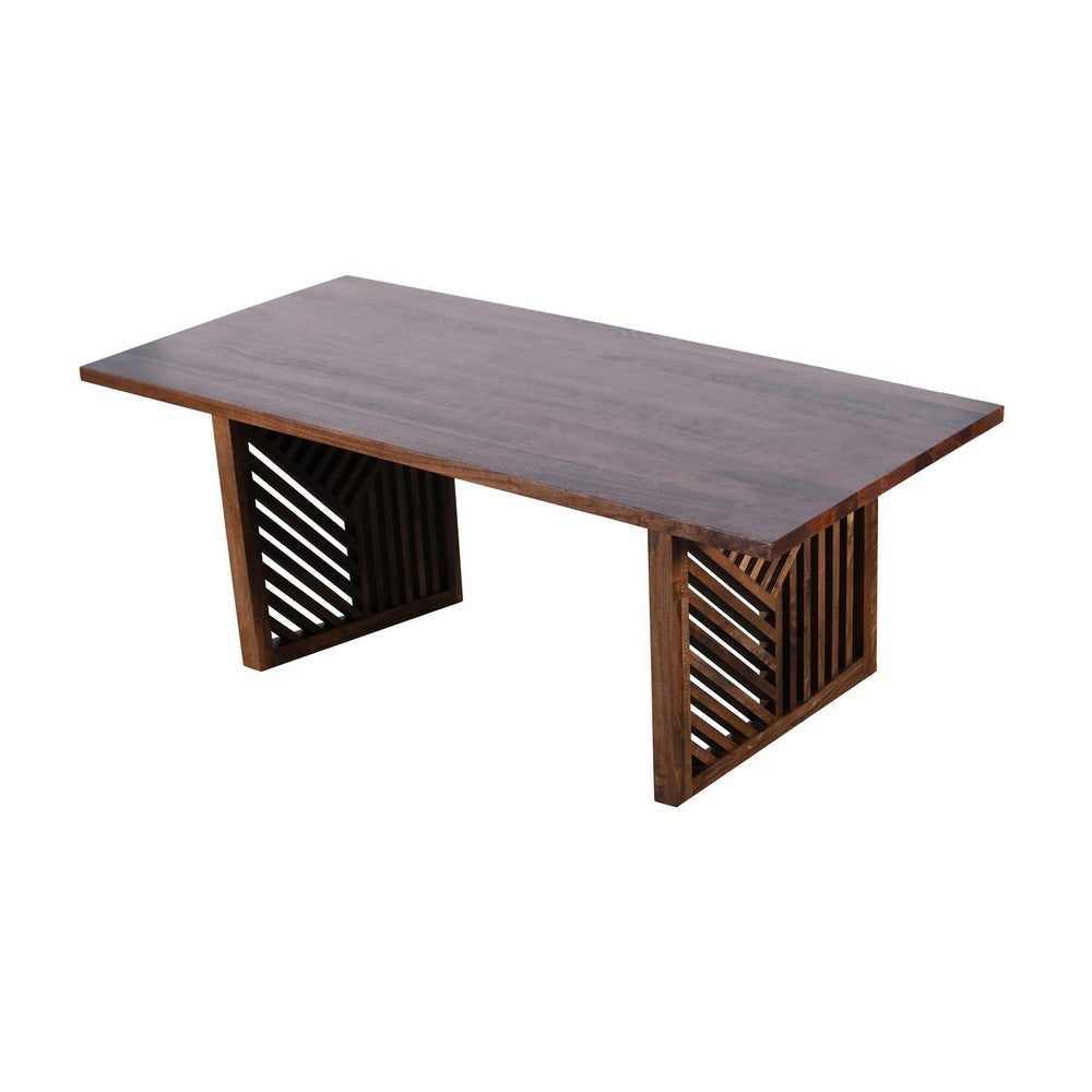 Rise 76 Inch Dining Table Rectangular Top Patterned Base Brown Wood BM309076