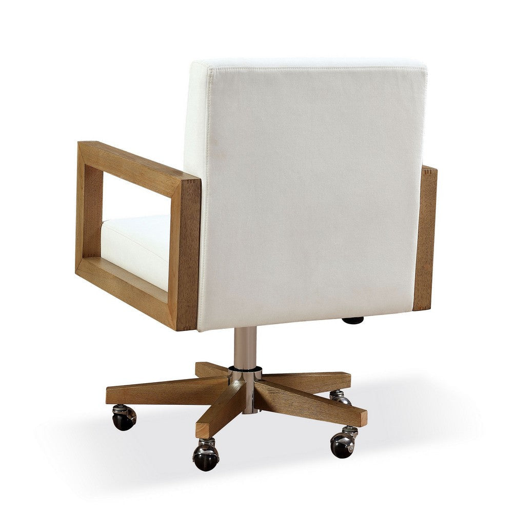 Rux 24 Inch Office Swivel Chair White Fabric Rolling Base Brown Wood BM309077