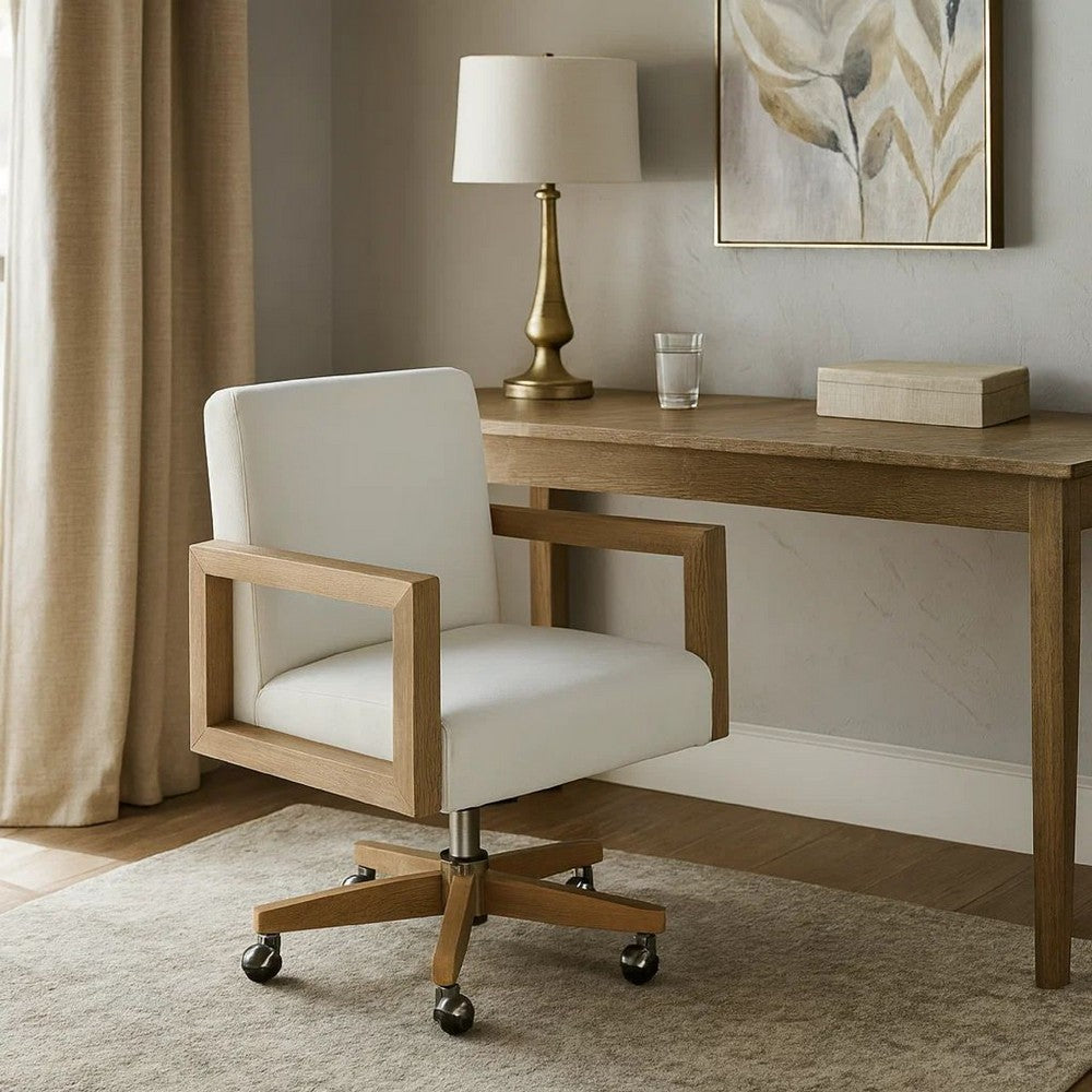 Rux 24 Inch Office Swivel Chair, White Fabric, Rolling Base, Brown Wood