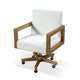 Rux 24 Inch Office Swivel Chair, White Fabric, Rolling Base, Brown Wood
