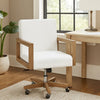 Rux 24 Inch Office Swivel Chair, White Fabric, Rolling Base, Brown Wood